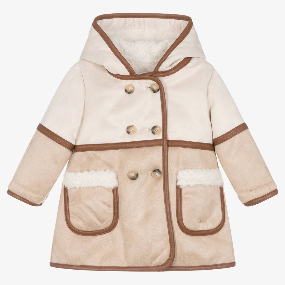 Chloé Baby Girls Beige Hooded Suede Coat