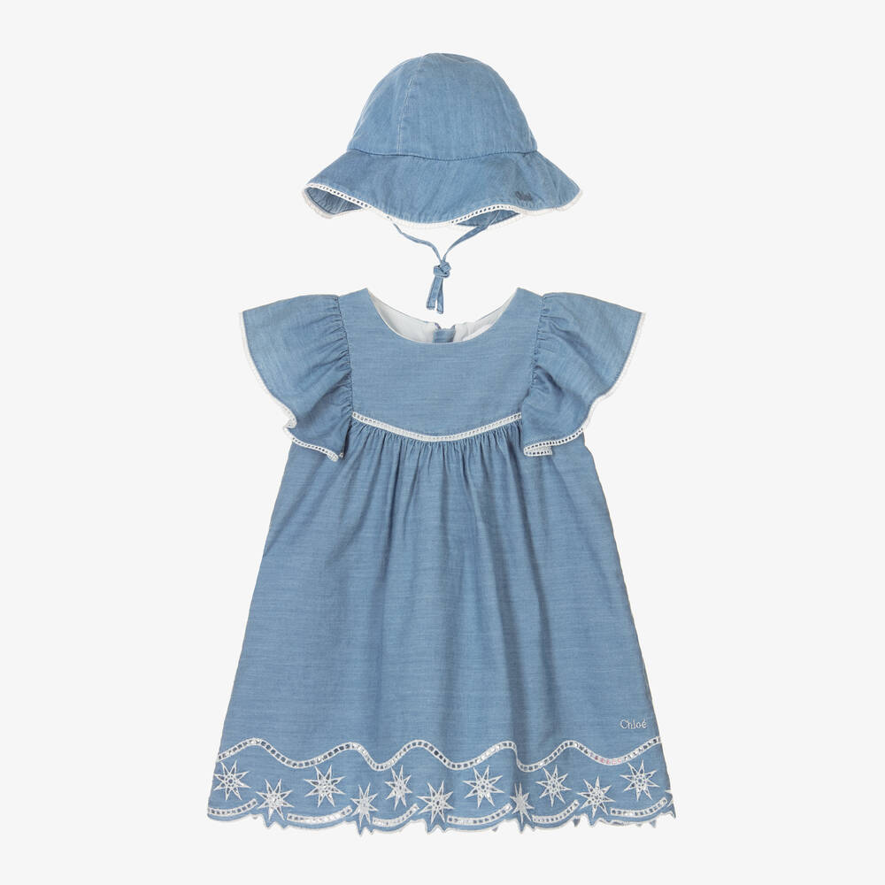 Chloé - Baby Girls Blue Chambray Dress Set | Childrensalon