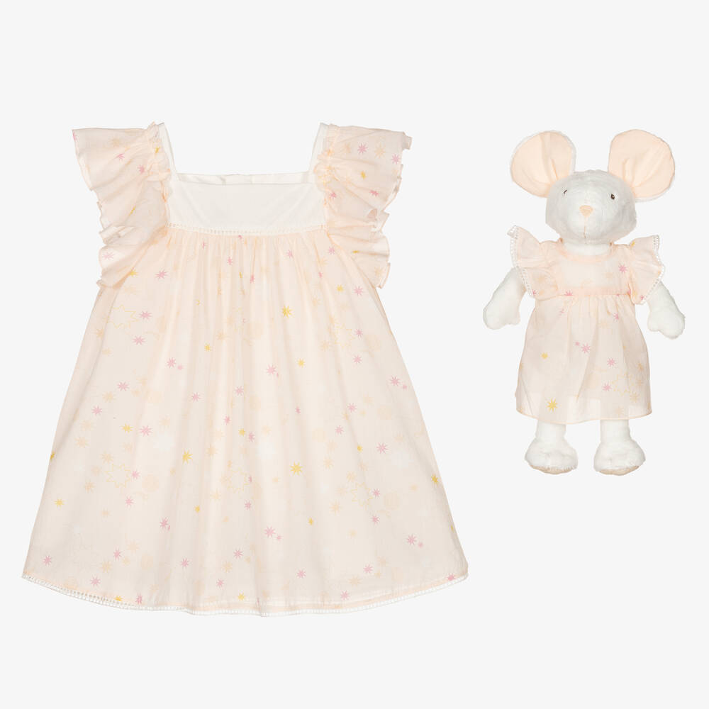 Chloé - هدية طقم لعبة وفستان قطن لون زهري للمولودات | Childrensalon