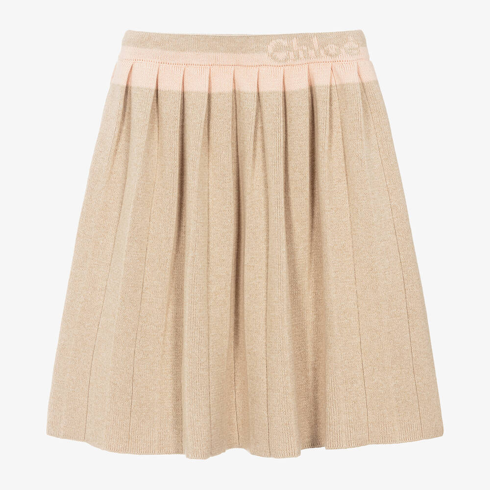 Chloé - Girls Beige Cotton Knit Pleated Skirt | Childrensalon