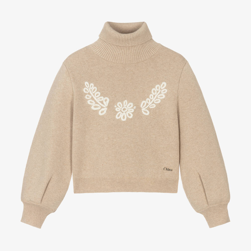 Chloé - Girls Beige Cotton Roll Neck Sweater | Childrensalon