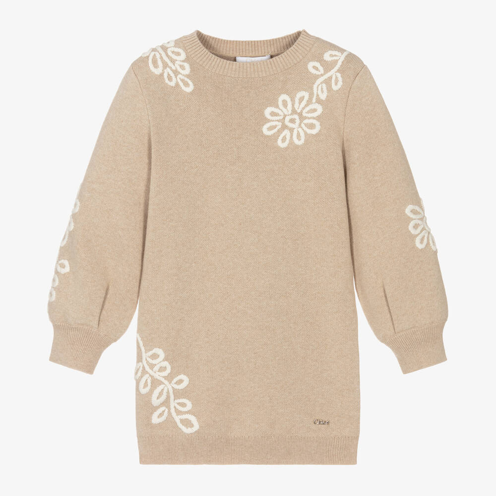 Chloé - Girls Beige Cotton & Wool Sweater Dress | Childrensalon