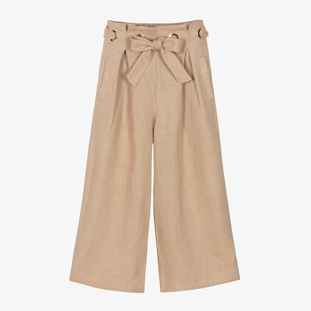 Chloé Kids' Logo-embroidered Linen Trousers In Beige
