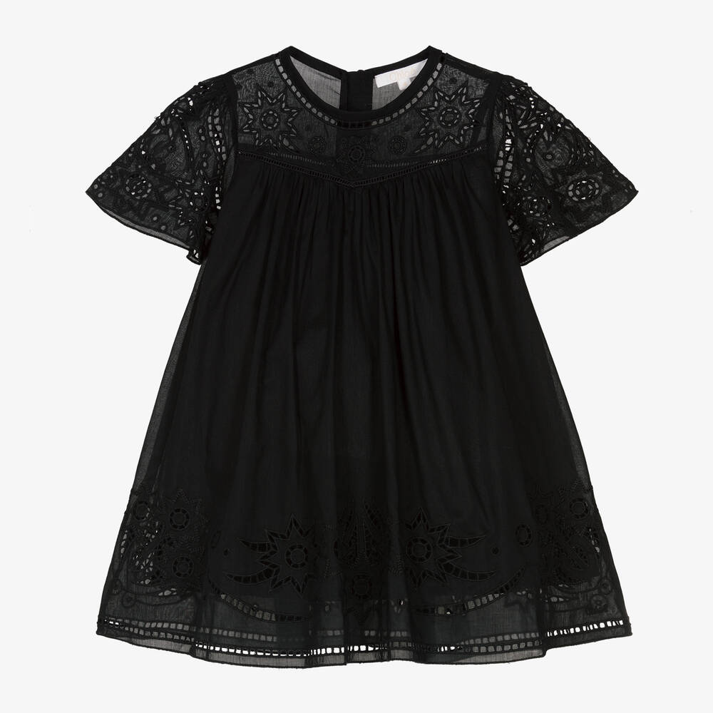 Chloé - Girls Black Cutwork Cotton Dress | Childrensalon