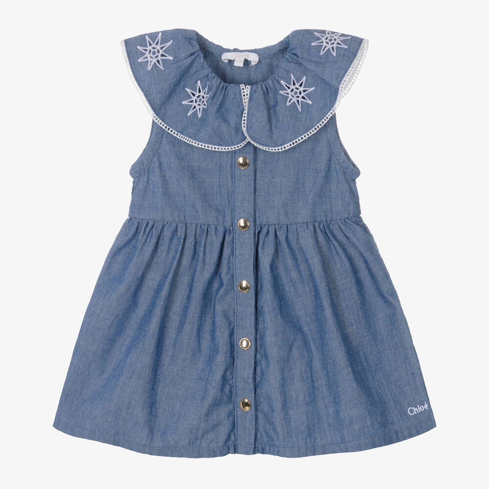 Chloé - Girls Blue Chambray Star Dress | Childrensalon