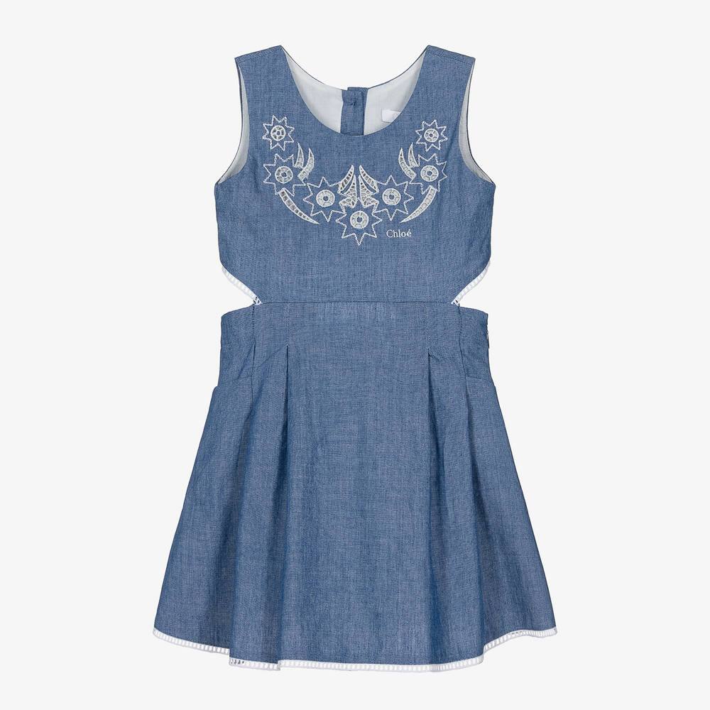 Shop Chloé Girls Blue Cotton Chambray Dress