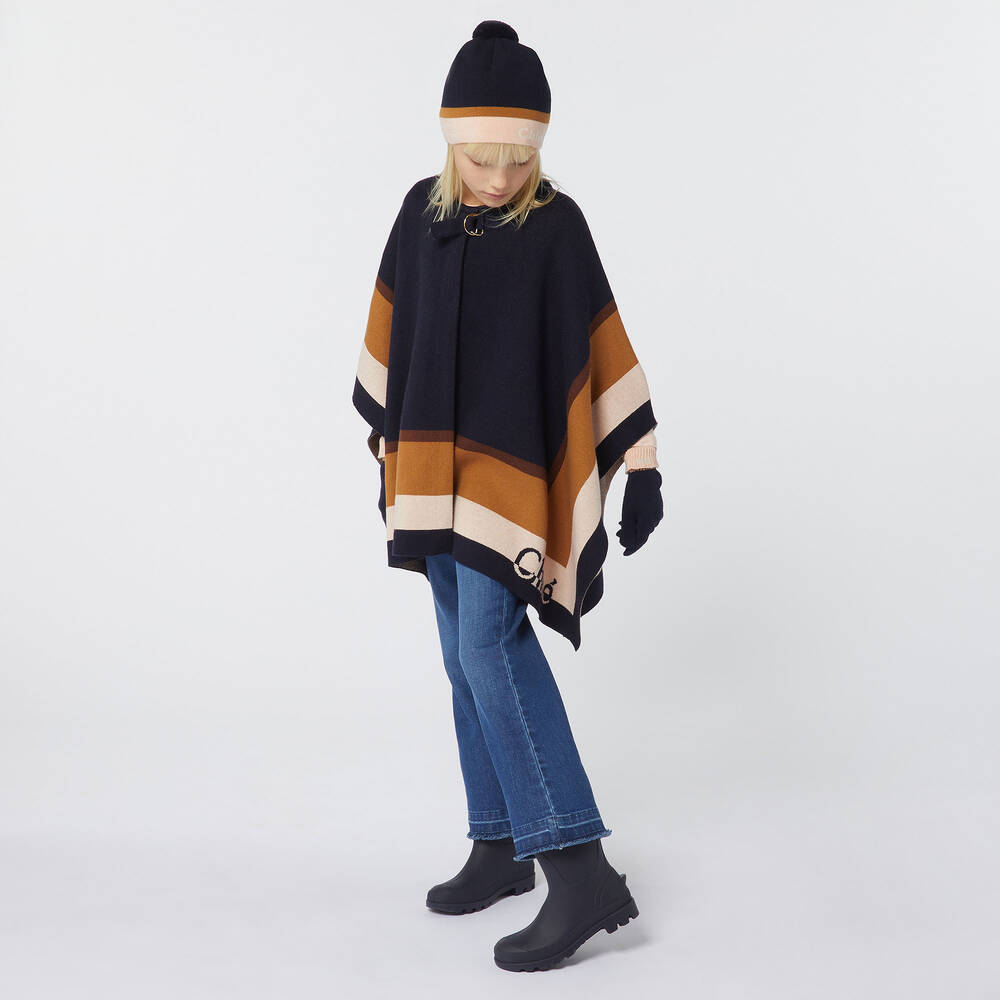 Chloé-Girls Blue Cotton & Wool Knit Cape | Childrensalon