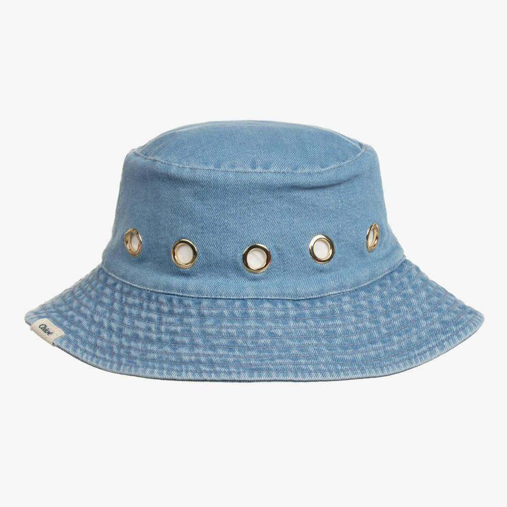 Shop Chloé Girls Blue Denim Eyelet Bucket Hat