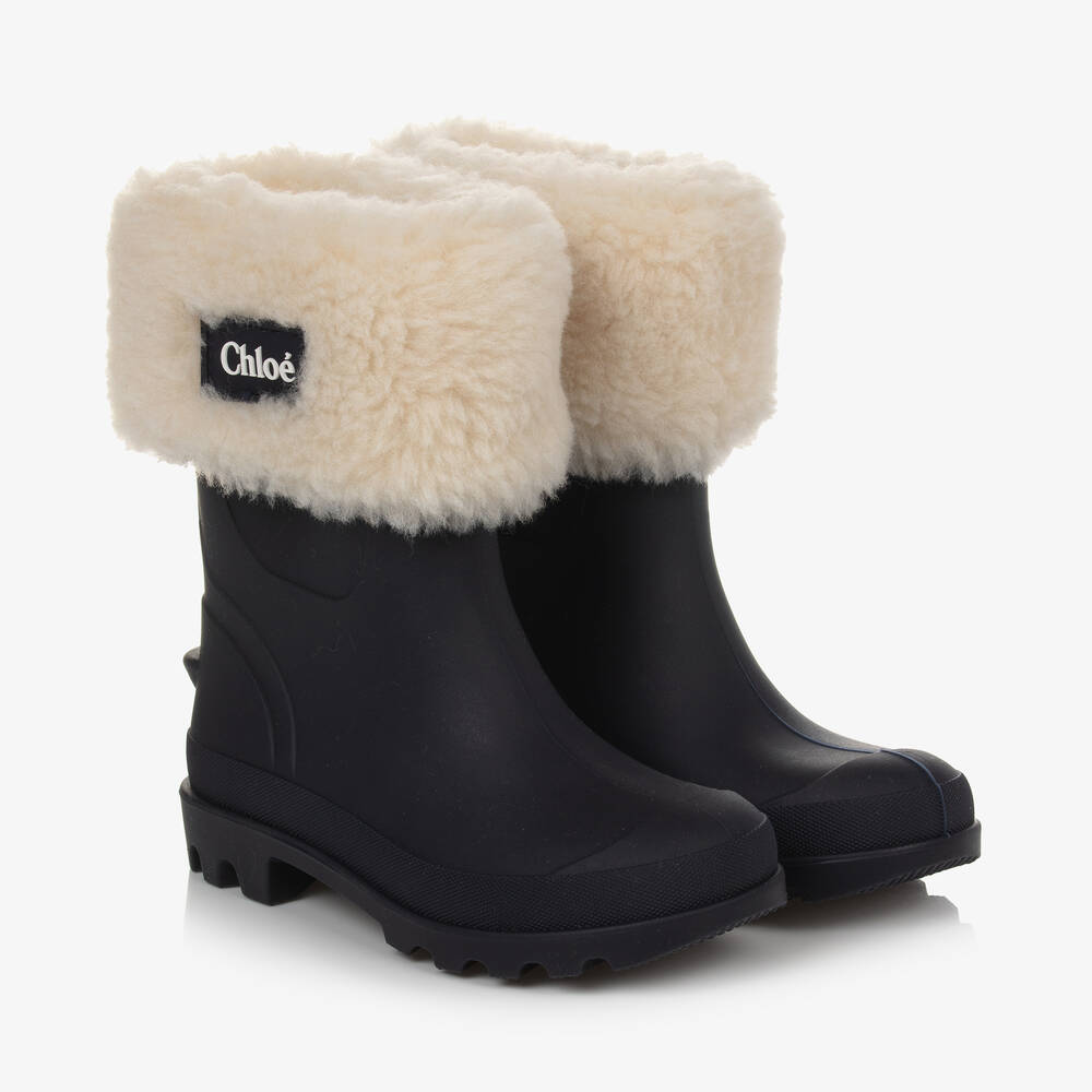 Chloé - Girls Blue Rubber & Faux Fur Rain Boots | Childrensalon