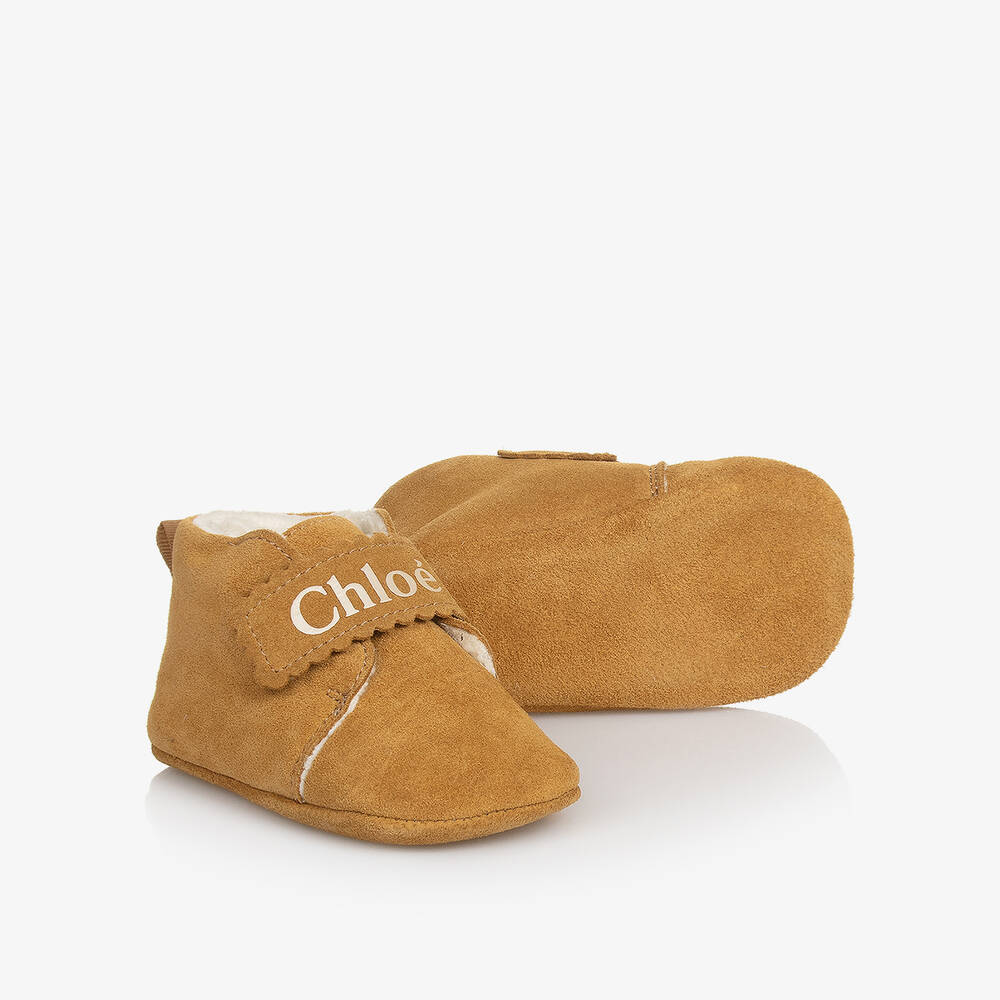 Chloé - Girls Brown Suede Leather Pre-Walkers | Childrensalon