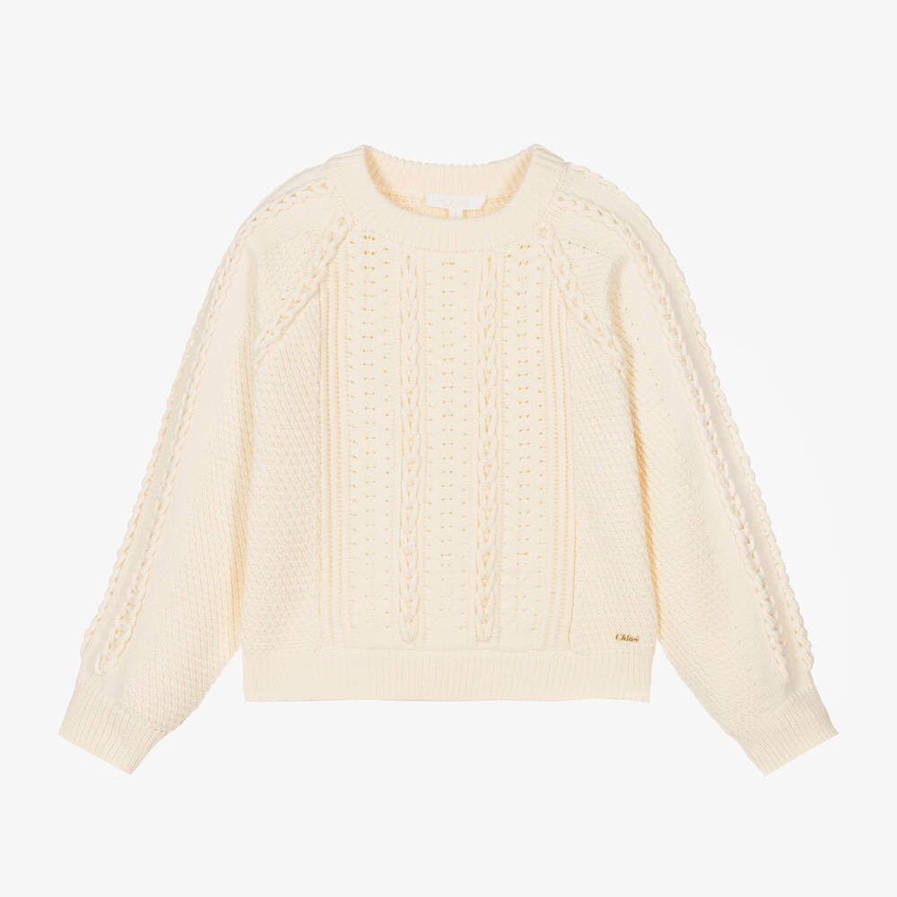 Chloé - Girls Ivory Cotton Cable Knit Sweater | Childrensalon