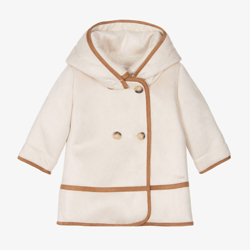 Chloé - Girls Ivory Faux Shearling Hooded Coat | Childrensalon