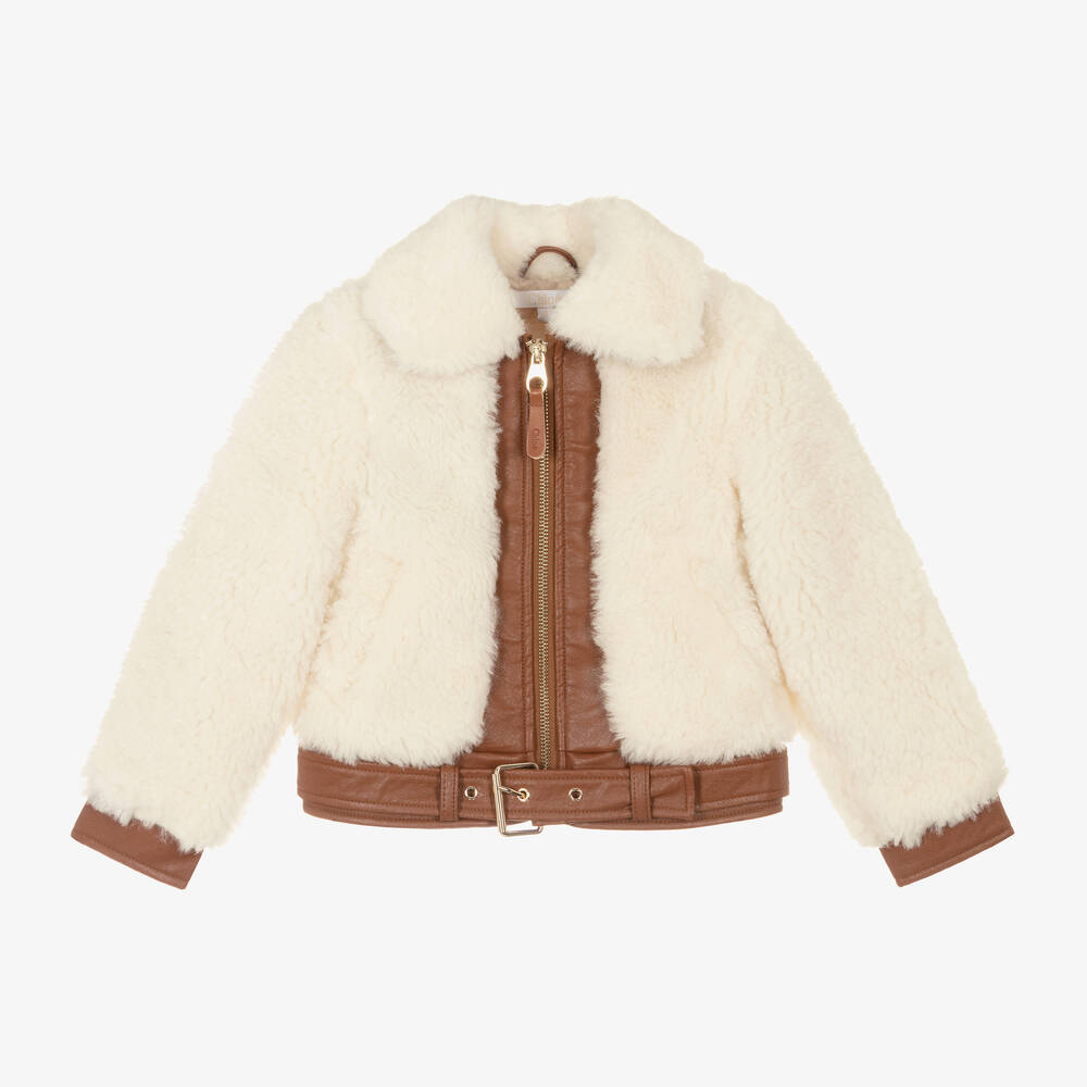 Chloé - Girls Ivory Faux Shearling Jacket | Childrensalon