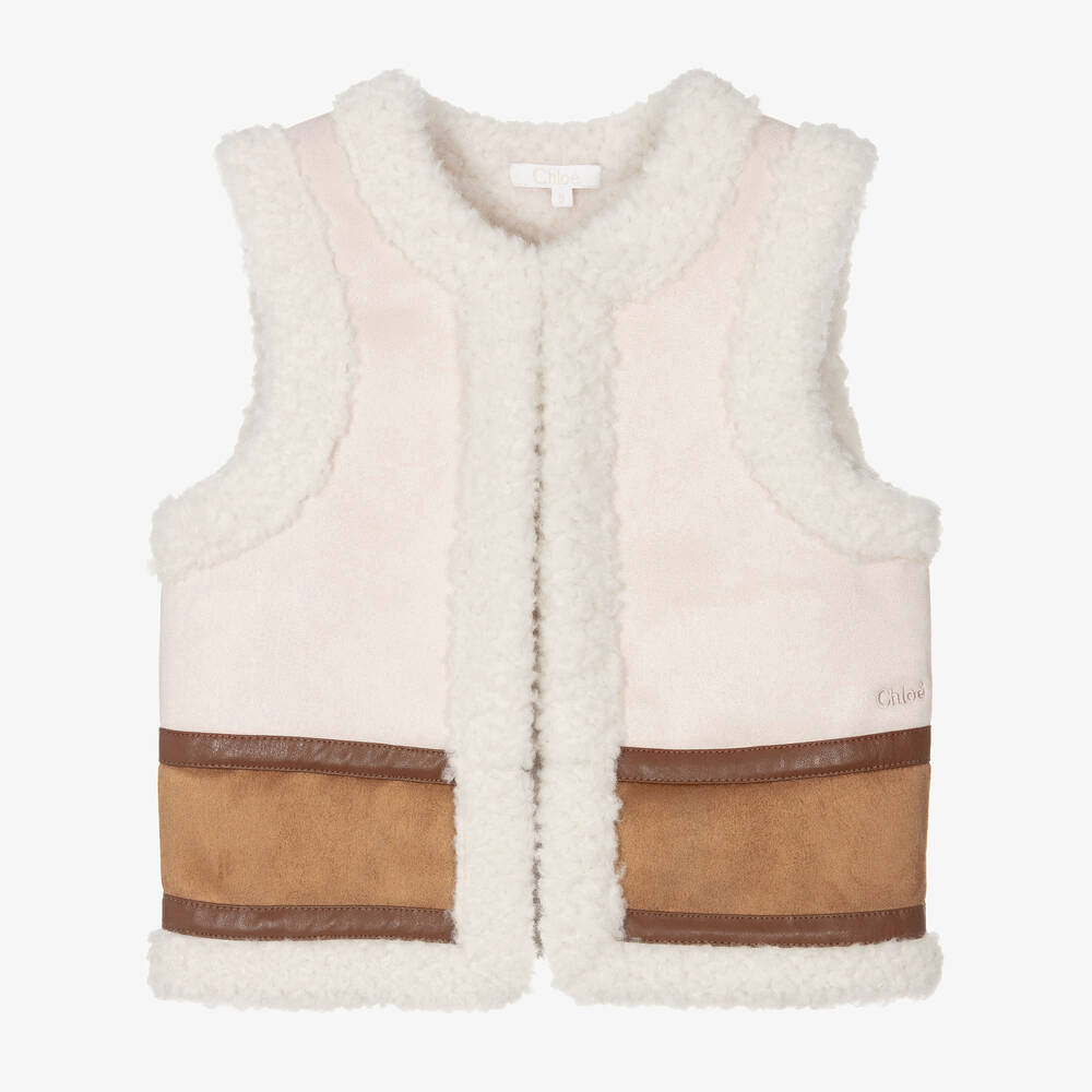 Chloé -  Girls Ivory Faux Suede & Sherpa Fleece Gilet | Childrensalon