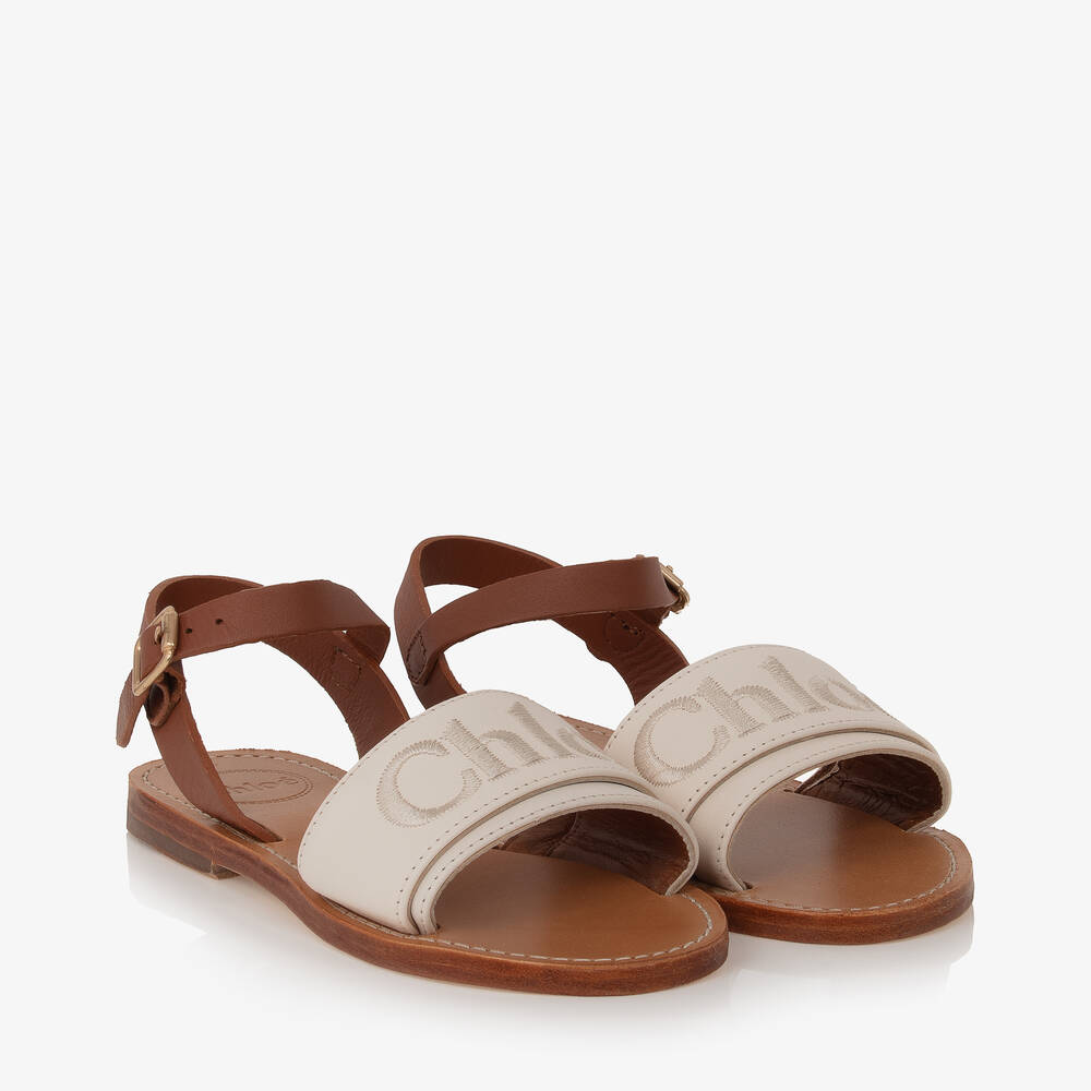 Chloé - Girls Ivory Leather Embroidered Sandals | Childrensalon