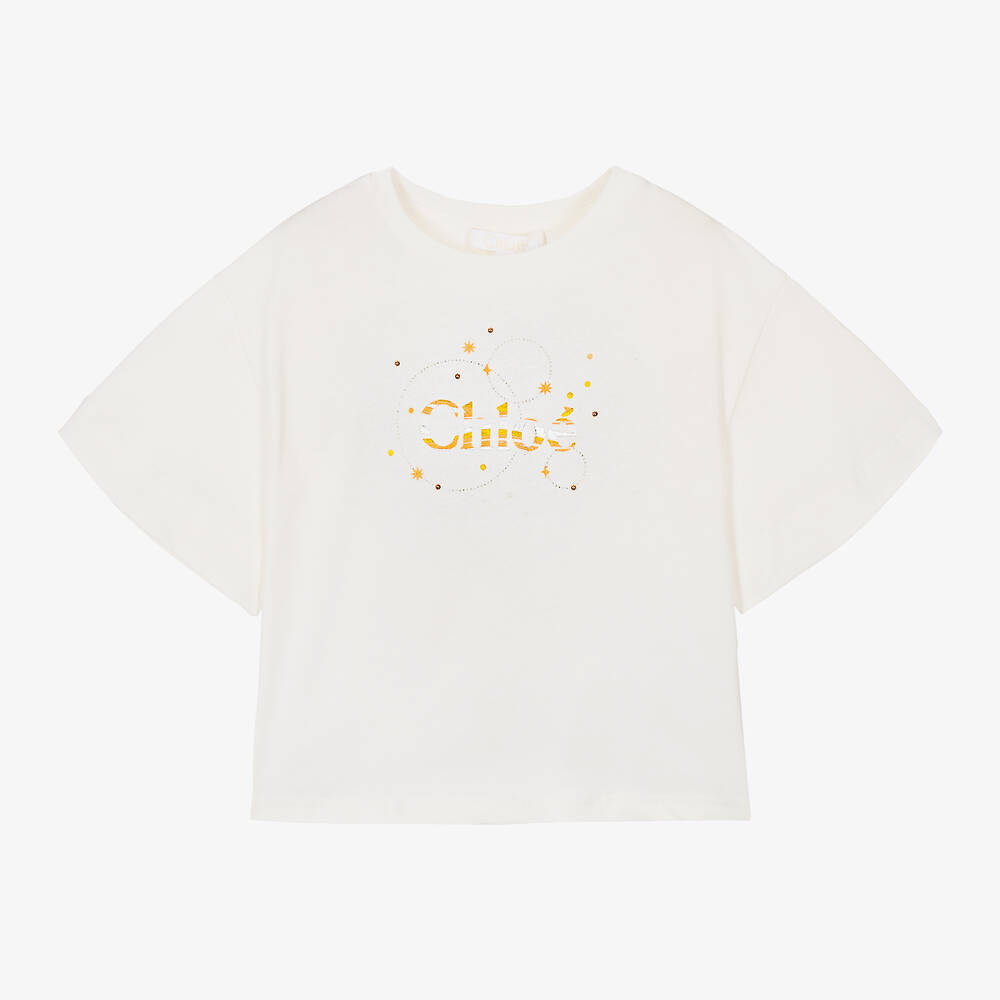 Chloé - Girls Ivory Organic Cotton T-Shirt  | Childrensalon