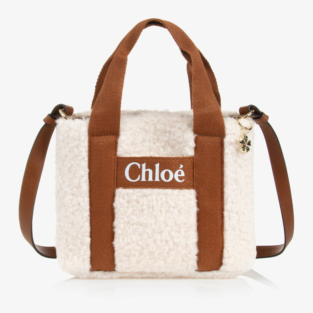 Chloé - Elfenbeinfarbene und hellbraune Sherpa-Fleece-Tasche für Mädchen (29 cm) | Childrensalon