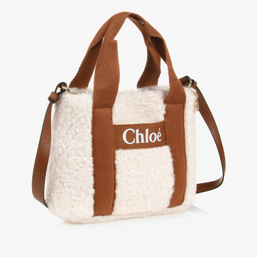 Chloé - Girls Ivory & Tan Brown Sherpa Fleece Bag (29cm) | Childrensalon