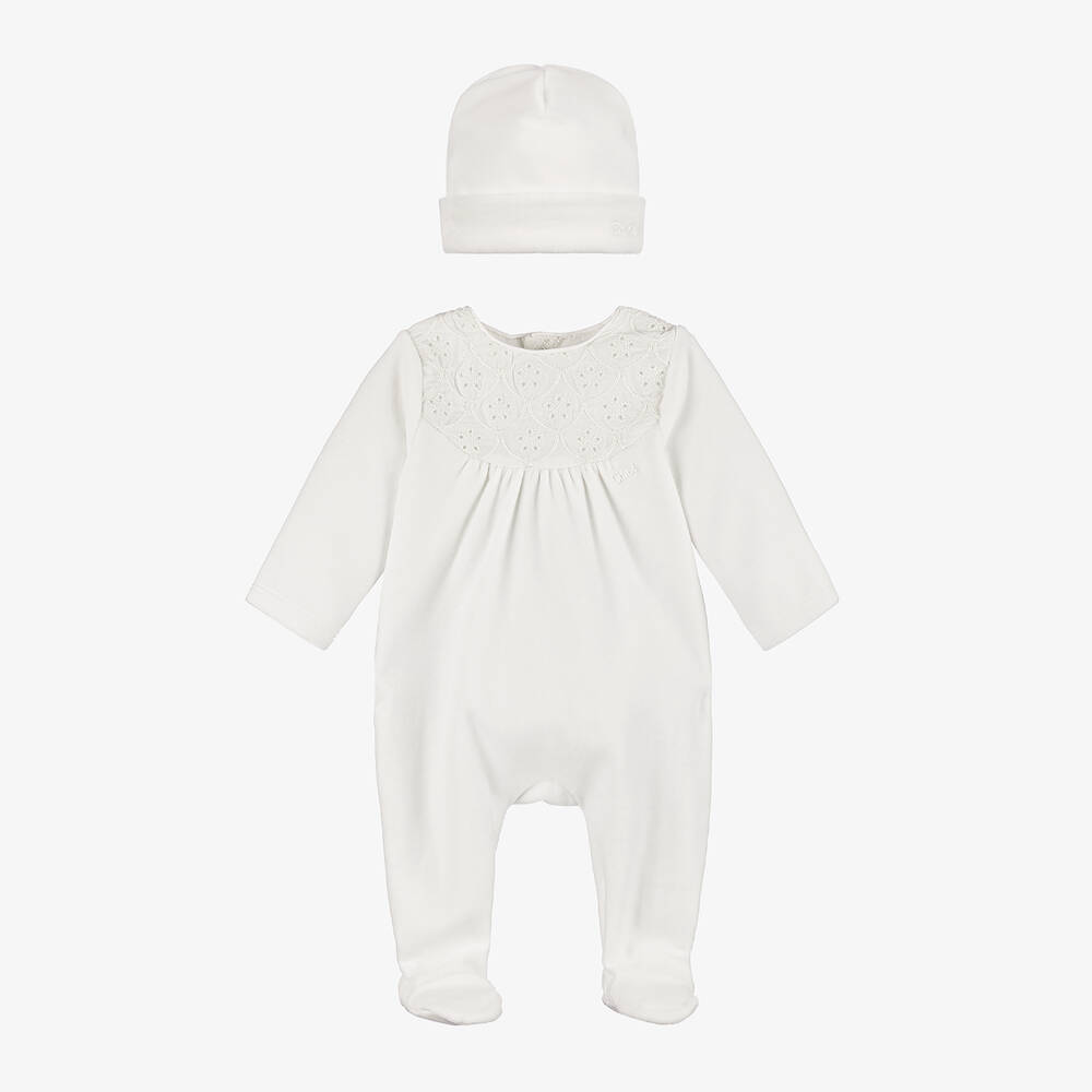 Chloé - Girls Ivory Velour Babysuit Gift Set | Childrensalon