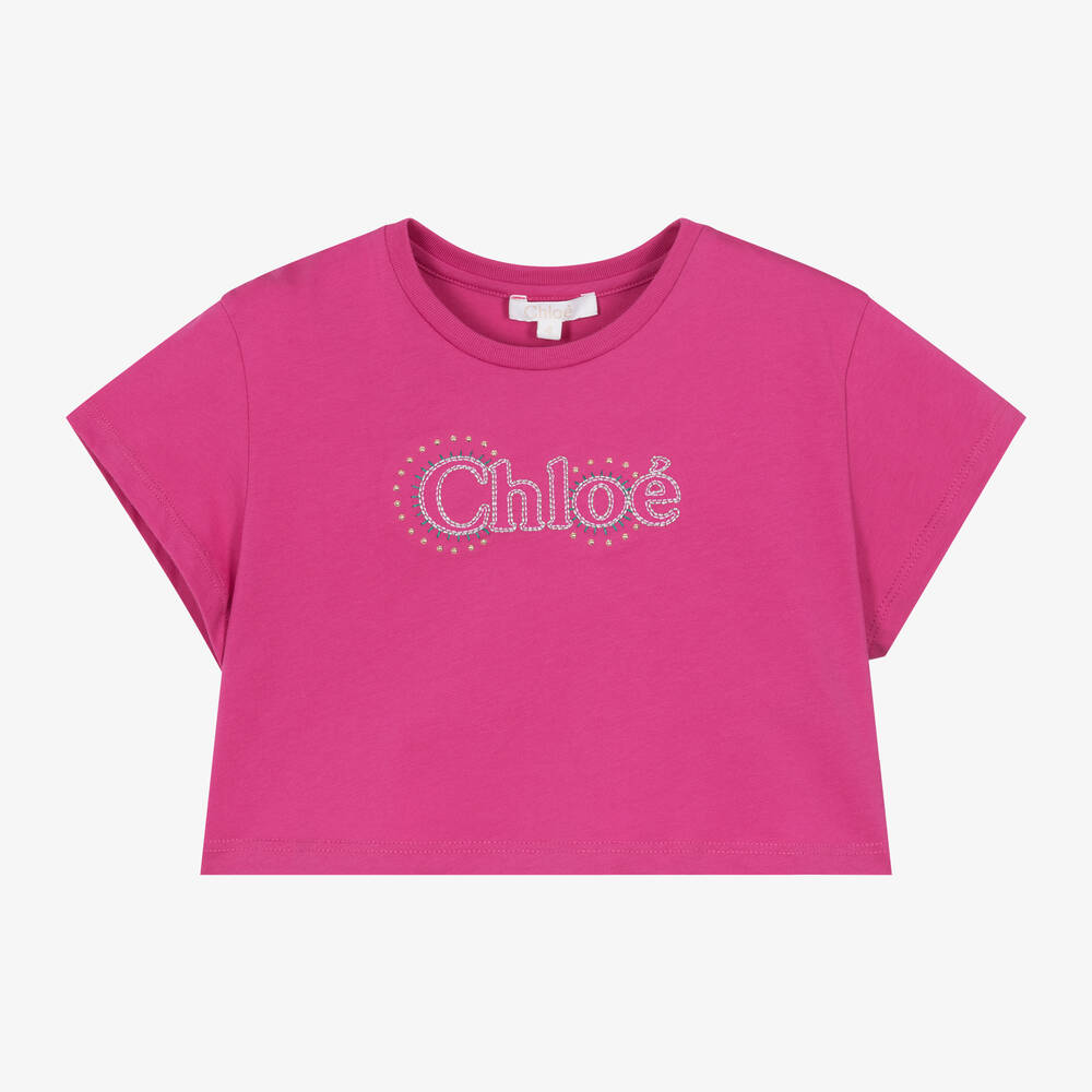 Chloé - تيشيرت قطن جيرسي عضوي مطرز لون زهري للبنات | Childrensalon