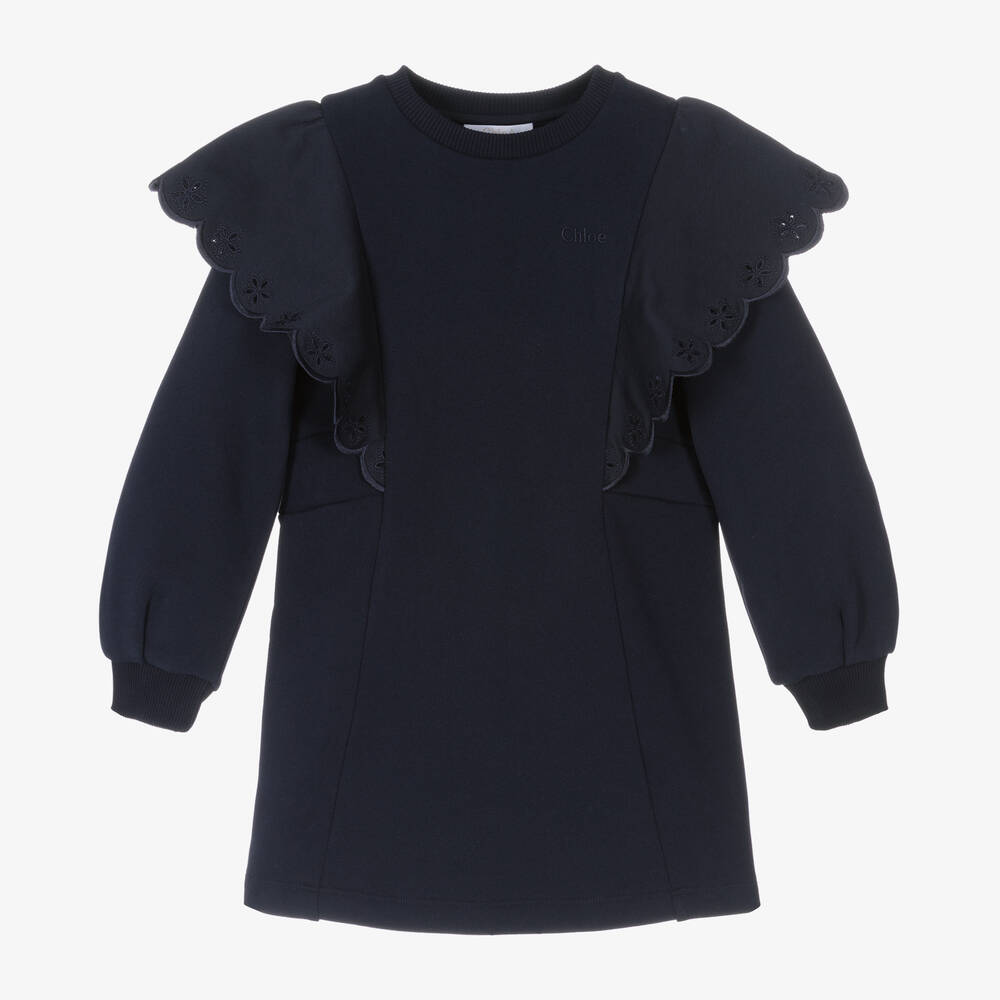 Chloé - Girls Navy Blue Cotton Jersey Frill Dress | Childrensalon