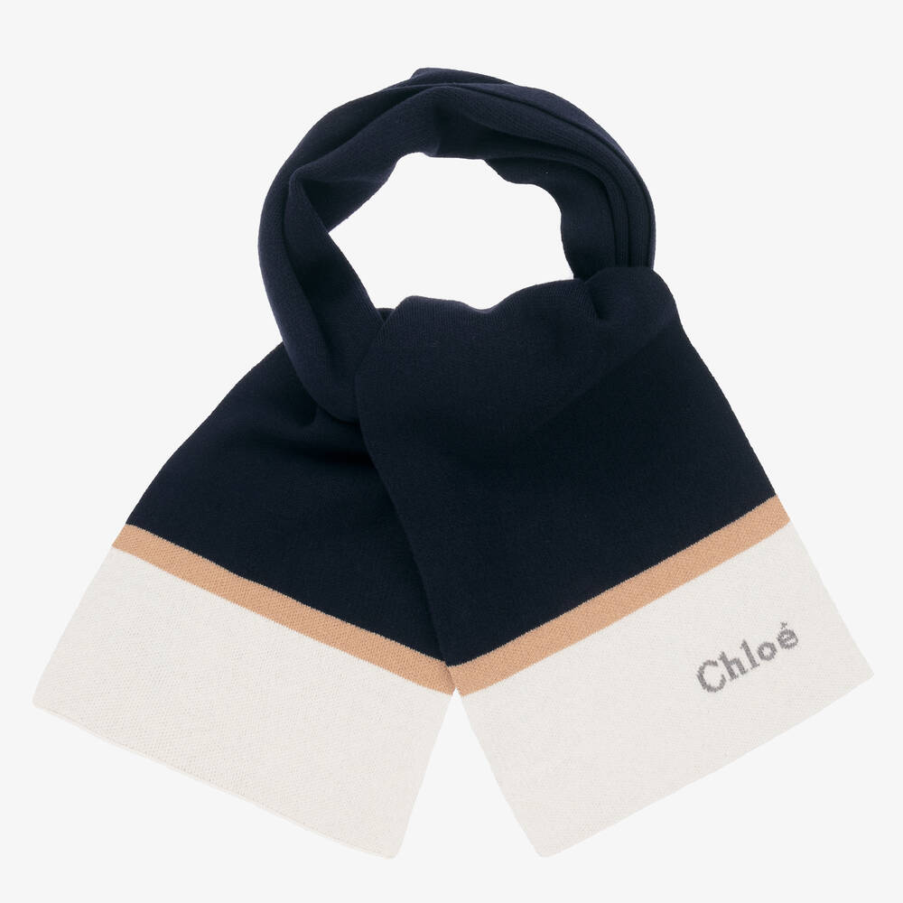Chloé - Girls Navy Blue Cotton & Wool Knit Scarf | Childrensalon