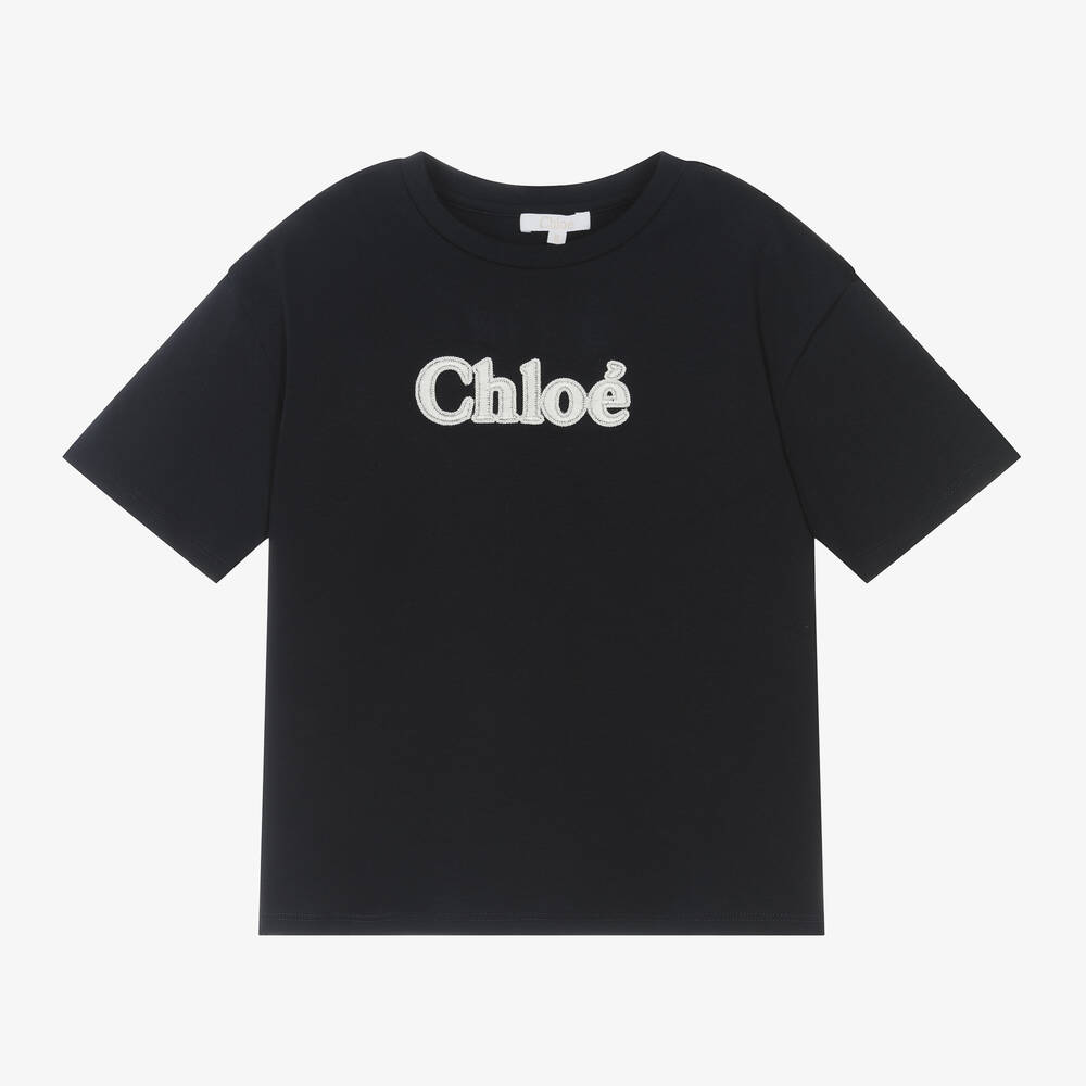 Chloé Babies' Girls Navy Blue Embroidered Cotton T-shirt In Black