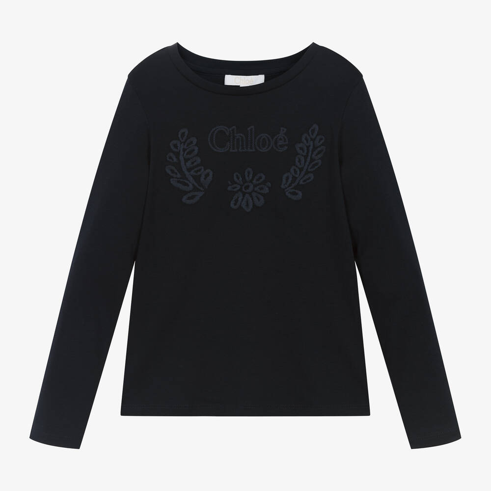 Chloé Babies' Girls Navy Blue Embroidered Cotton Top In Black