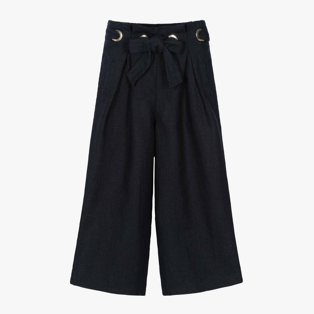 Chloé - Girls Navy Blue Linen Trousers | Childrensalon