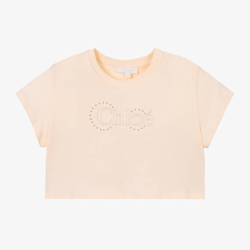 Chloé - T-shirt rose pâle brodé en coton fille | Childrensalon