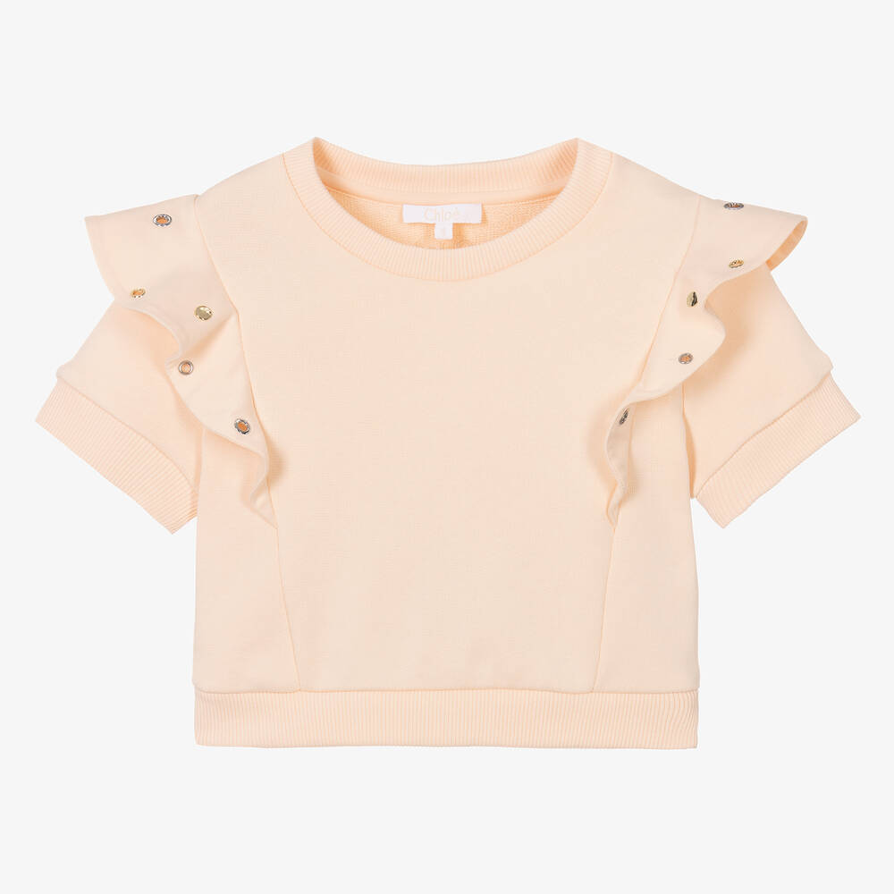 Chloé - Girls Pale Pink Eyelet Ruffle Sweatshirt | Childrensalon