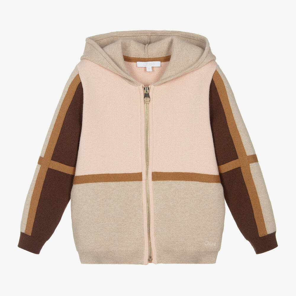 Chloé - Girls Pink & Beige Cotton Hooded Zip-Up Top | Childrensalon