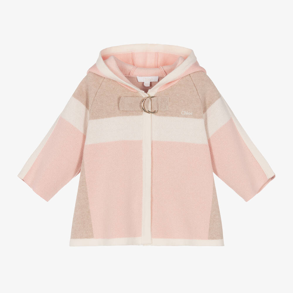 Chloé - Girls Pink & Beige Cotton Knit Cardigan | Childrensalon