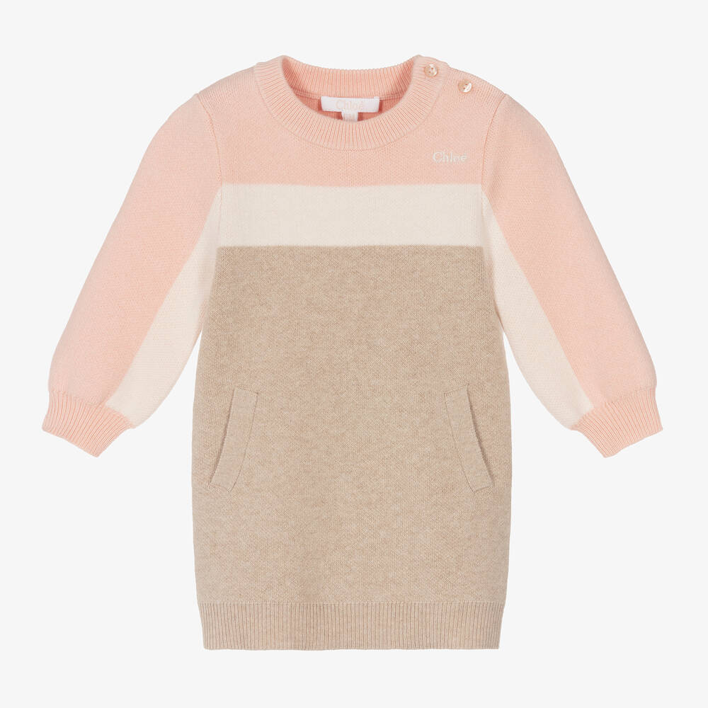 Chloé - Girls Pink & Beige Cotton Sweater Dress | Childrensalon