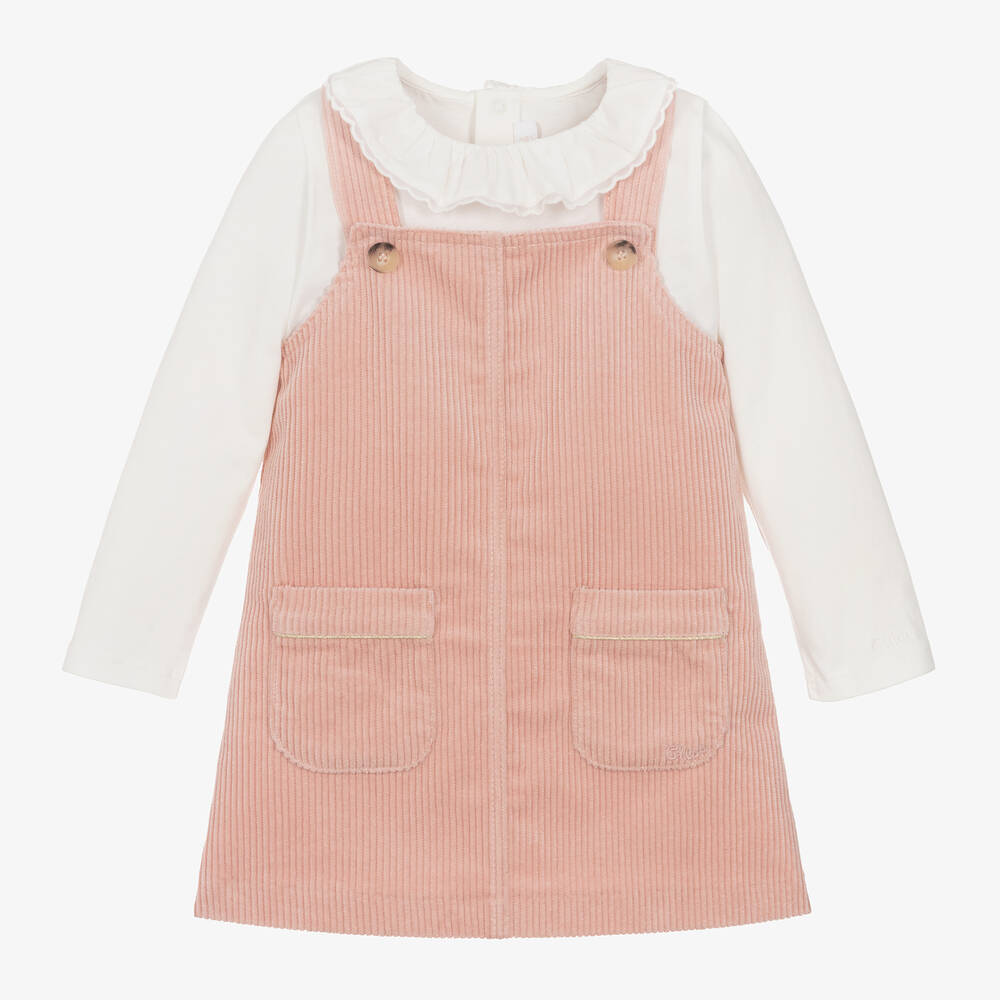 Chloé - Girls Pink Corduroy Pinafore Dress Set  | Childrensalon