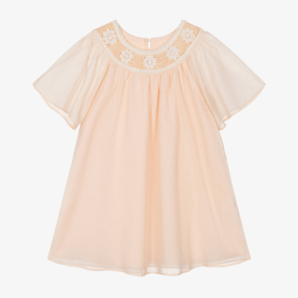 Chloé - Girls Pink Cotton Voile & Crochet Dress | Childrensalon