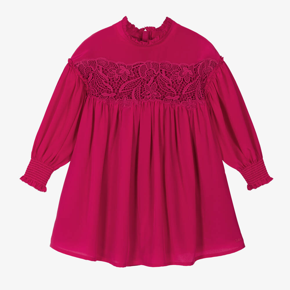 Chloé - Girls Pink Silk Guipure Lace Dress | Childrensalon