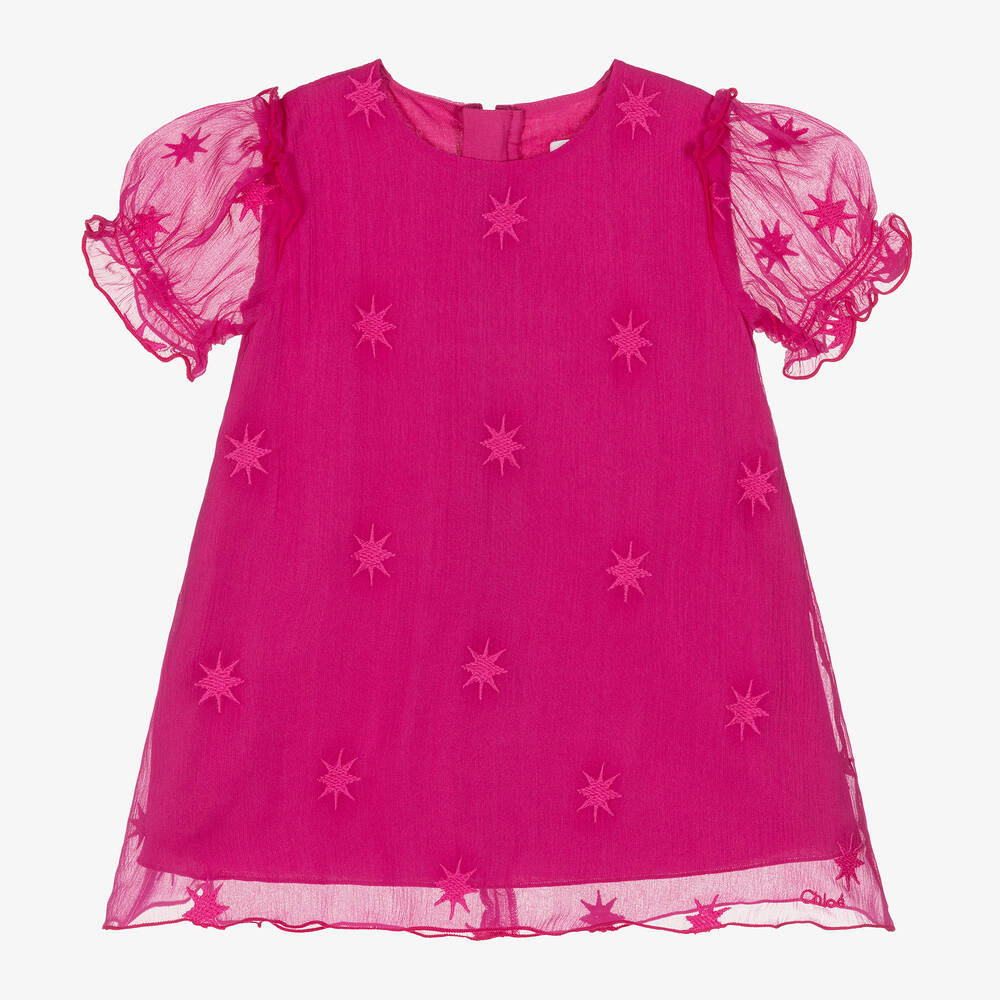 Chloé - فستان بطبعة نجوم حرير لون زهري فيوشيا | Childrensalon