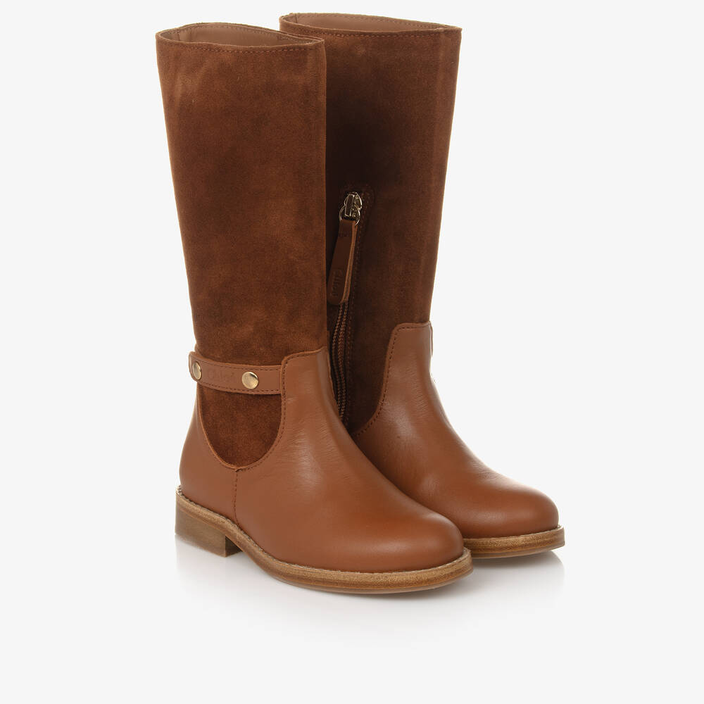 Chloé - Girls Tan Brown Leather Boots | Childrensalon