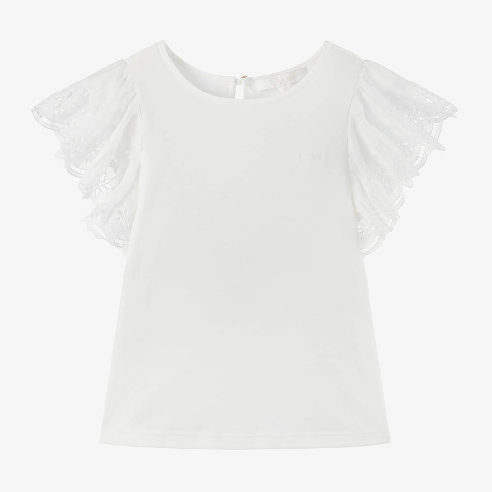 Chloé - Girls White Cotton Ruffle-Sleeve T-Shirt | Childrensalon