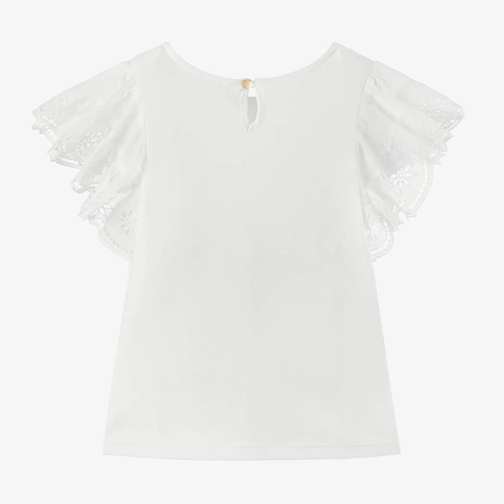 Chloé - Girls White Cotton Ruffle-Sleeve T-Shirt | Childrensalon
