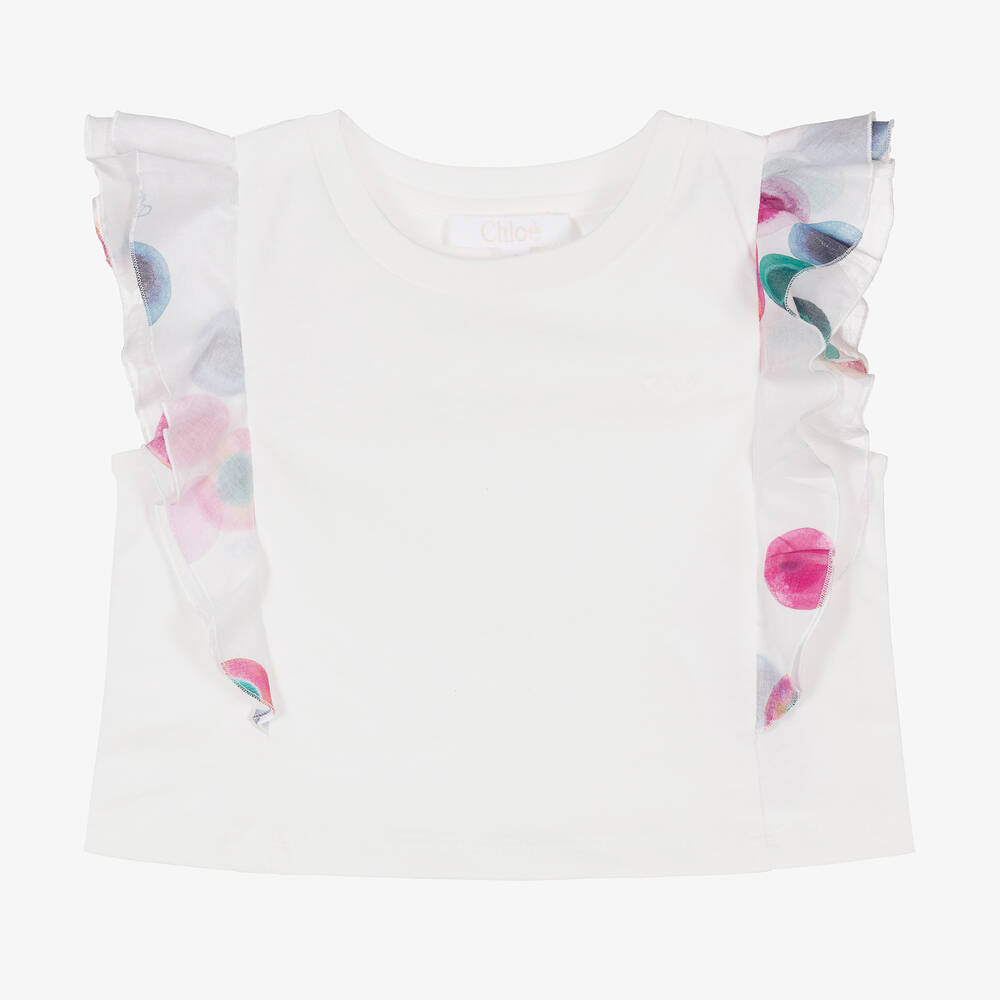 Chloé - Girls White Cotton Ruffles T-Shirt | Childrensalon