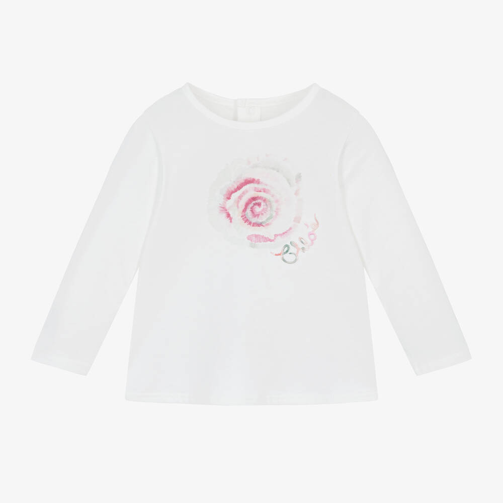 Chloé - Girls White Cotton Spiral Print Top | Childrensalon