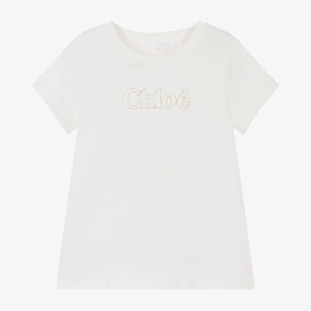 Chloé - تيشيرت قطن جيرسي عضوي لون أبيض للبنات | Childrensalon