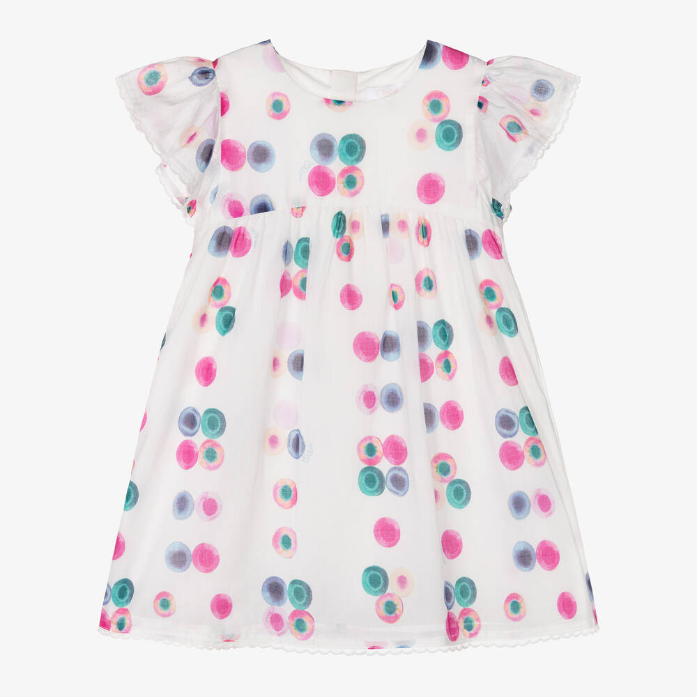 Chloé Babies' Girls White Cotton Voile Dress In Multicoloured