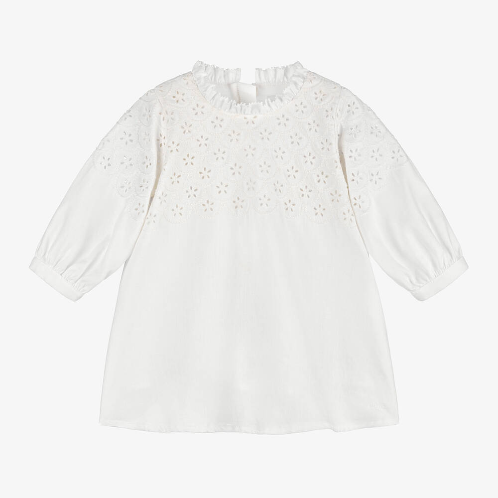 Chloé - Girls White Embroidered Cotton Dress | Childrensalon