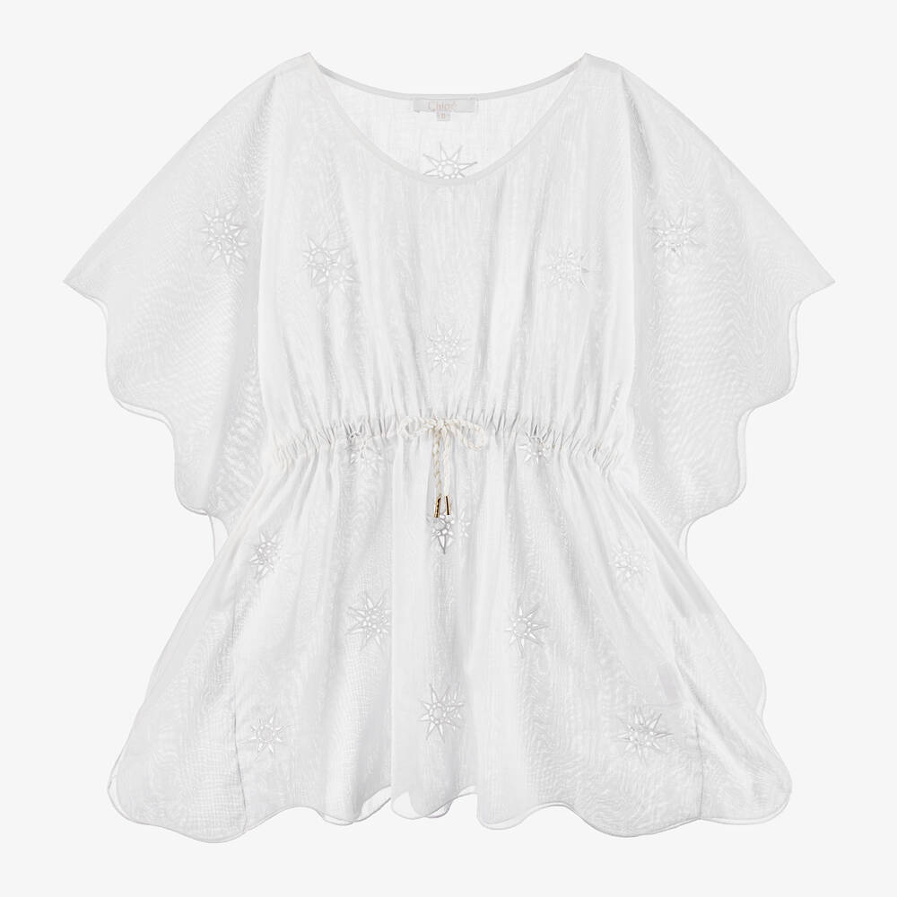 Chloé - Girls White Embroidered Cotton Kaftan | Childrensalon