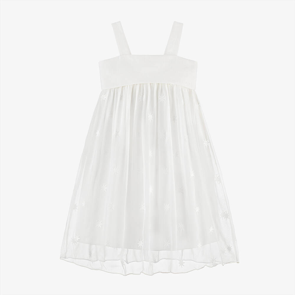 Chloé - فستان بطبعة نجوم حرير كريب مطرز لون أبيض | Childrensalon