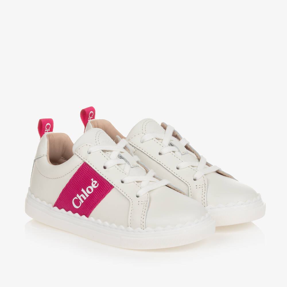 Chloé - Girls White Lace-Up Leather Trainers | Childrensalon