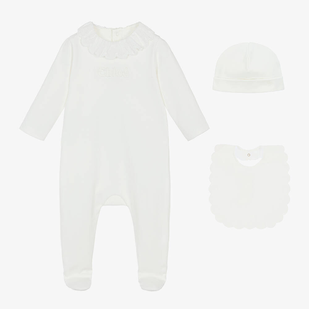 Chloé - Girls White Organic Cotton Babysuit Gift Set | Childrensalon